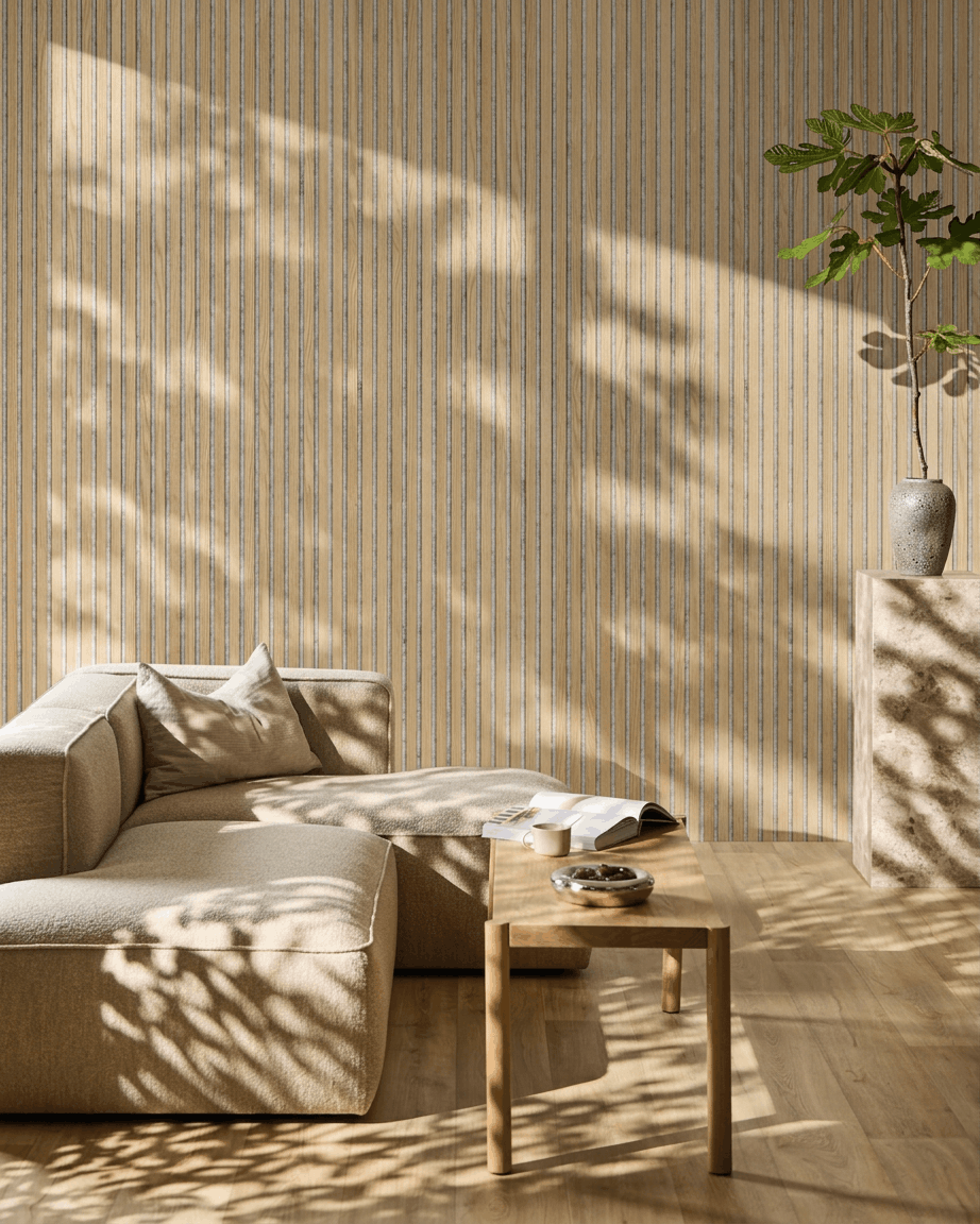 Salon minimaliste avec canapé beige et table basse. WoodUpp Akupanel Panneau acoustique en chêne classique, feutre Grey, apporte un style nordique et de doux jeux d’ombre.