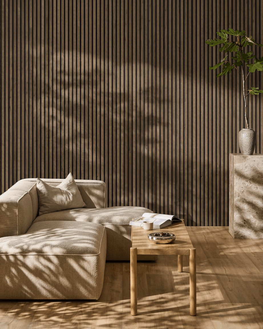 Salon minimaliste avec canapé d’angle beige, table basse en bois et plante ; la lumière du soleil met en valeur le design nordique et le Akupanel Panneau acoustique WoodUpp en Grey Oak Rustique.
