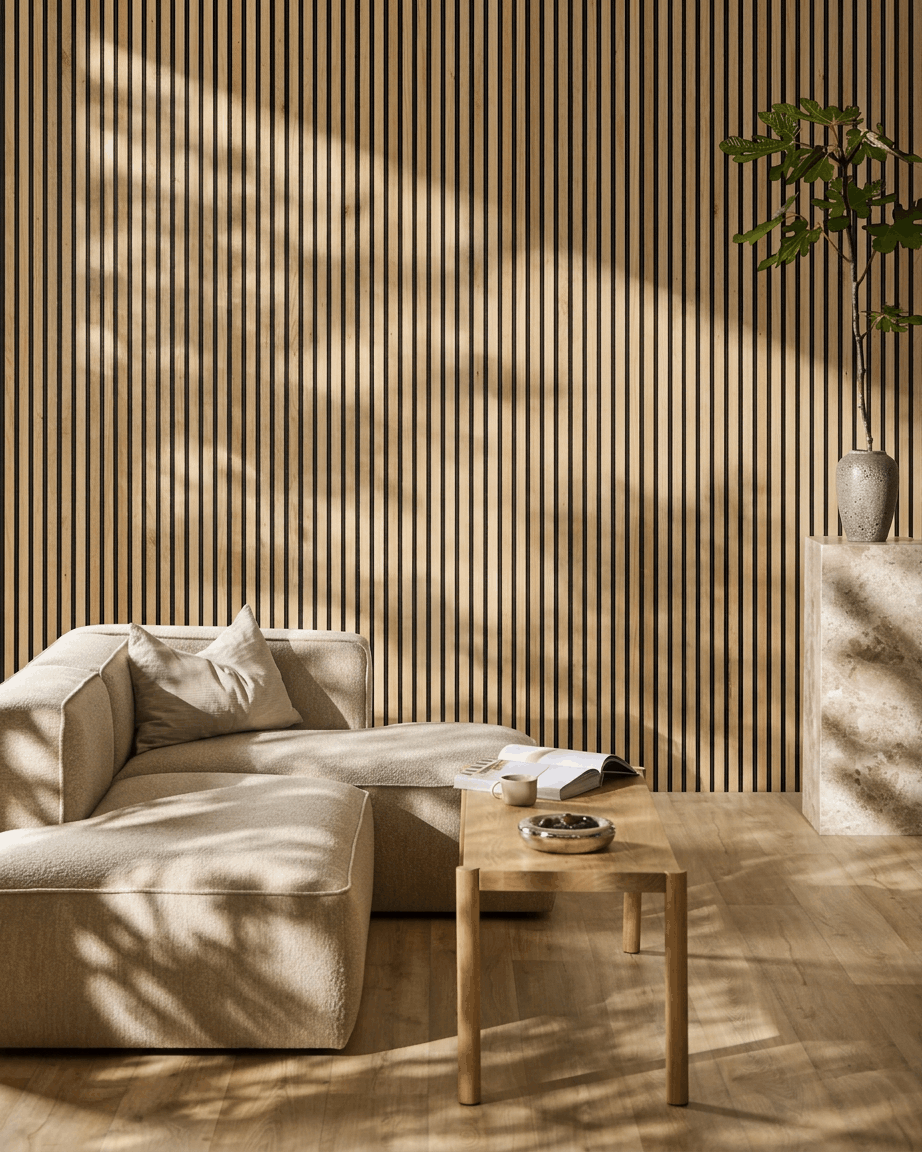Salon minimaliste avec un canapé beige, une table en bois, une plante et un panneau Akupanel Rustic Natural Oak Panneau acoustique de WoodUpp, éclairé par une douce lumière du soleil.