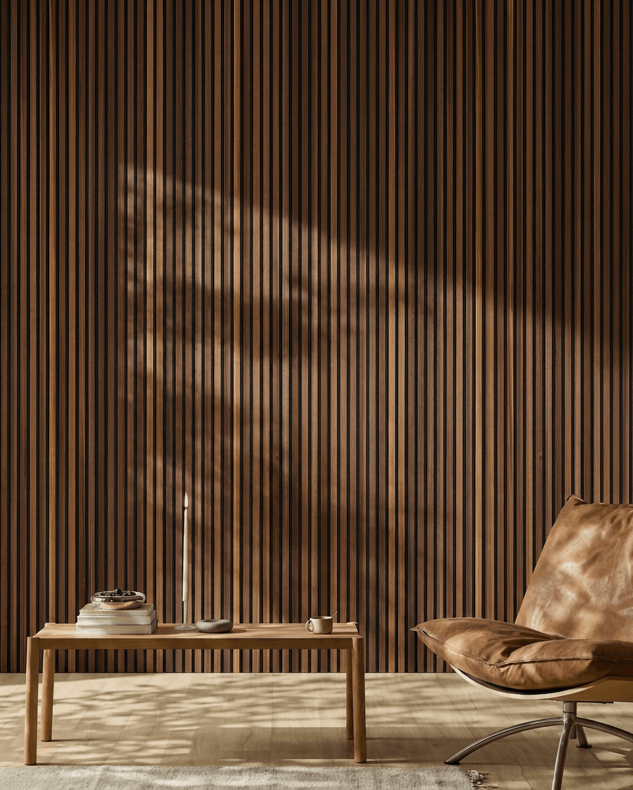 Intérieur scandinave avec un WoodUpp Akupanel Panneau acoustique en mélèze fumé, un fauteuil en cuir brown, une table en bois, et la lumière du soleil qui se reflète sur le sol.