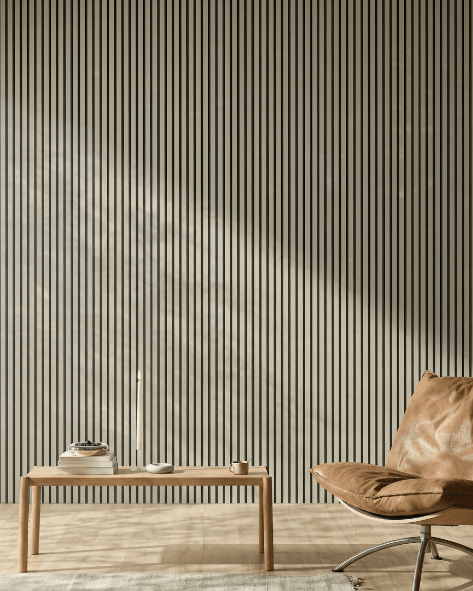 Pièce minimaliste avec un fauteuil en cuir fauve, un banc en bois, des livres, une bougie et un panneau acoustique WoodUpp Akupanel Stone/Black Felt Panneau acoustique (240 x 60 cm) au mur.