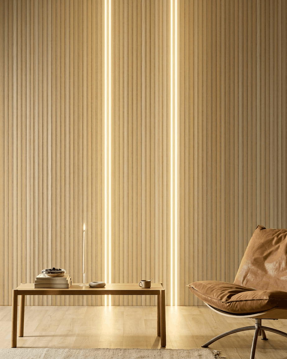 Minimalistischer Raum mit einer WoodUpp Akupanel Akustik-Lamellenwand, beigefarbenen Lumi LED-Lichtleisten (240 cm), einem brownen Ledersessel und einem schlichten Tisch.