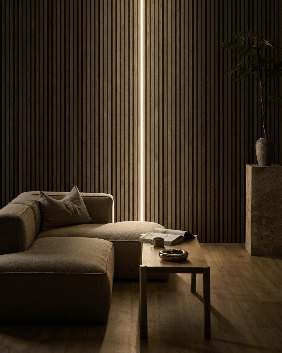Salon minimaliste avec canapé d’angle beige, mur acoustique à lattes WoodUpp Akupanel, bande LED Lumi 240cm, table basse et plante en pot sur piédestal en pierre.