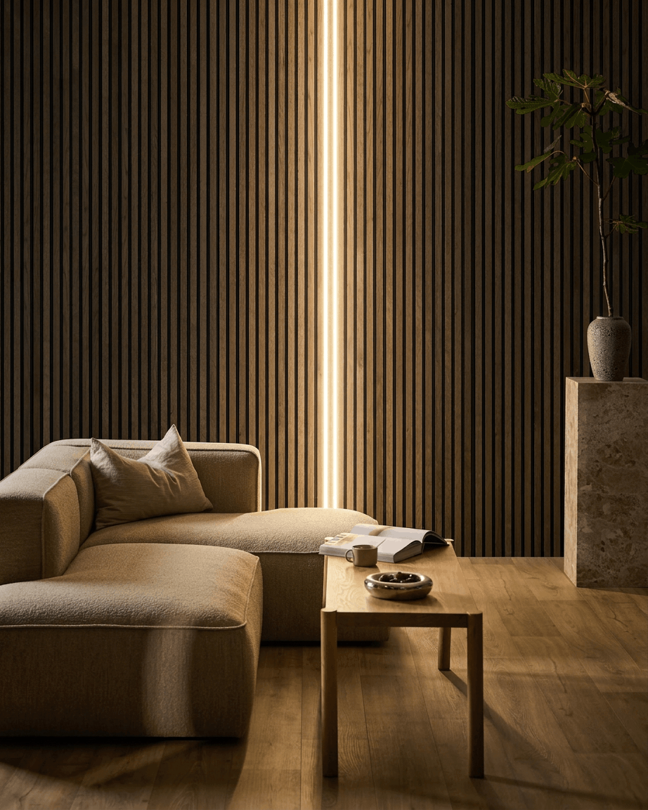 Salon minimaliste avec un canapé d’angle beige, une table basse en bois avec un livre ouvert et une tasse, un mur en panneau acoustique bois Akupanel et la bande LED Lumi de WoodUpp.