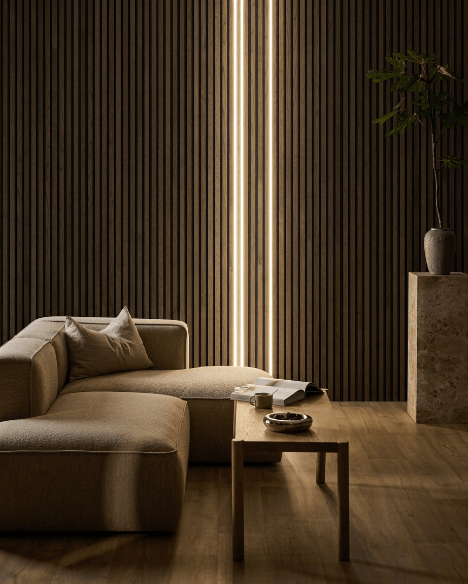 Salon minimaliste avec canapé d’angle beige, mur en panneau acoustique en bois Akupanel, trois bandes LED WoodUpp Lumi, small table, livre ouvert et plante sur piédestal en pierre.