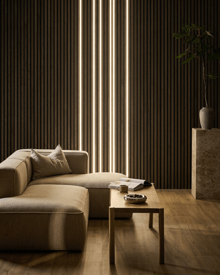 Salon minimaliste avec canapé beige, table basse et vase, éclairé par la bande LED WoodUpp Lumi Black (240 cm, lot de 6) au-dessus de panneaux acoustiques en bois sur le mur.